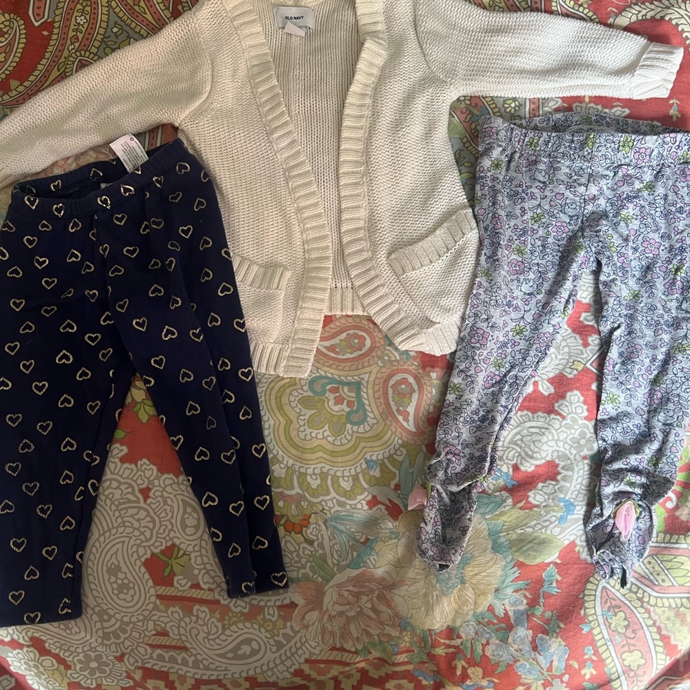 Girls 2T Cream Cardigan,  Heart Print Leggings,Disney princess pants bundle